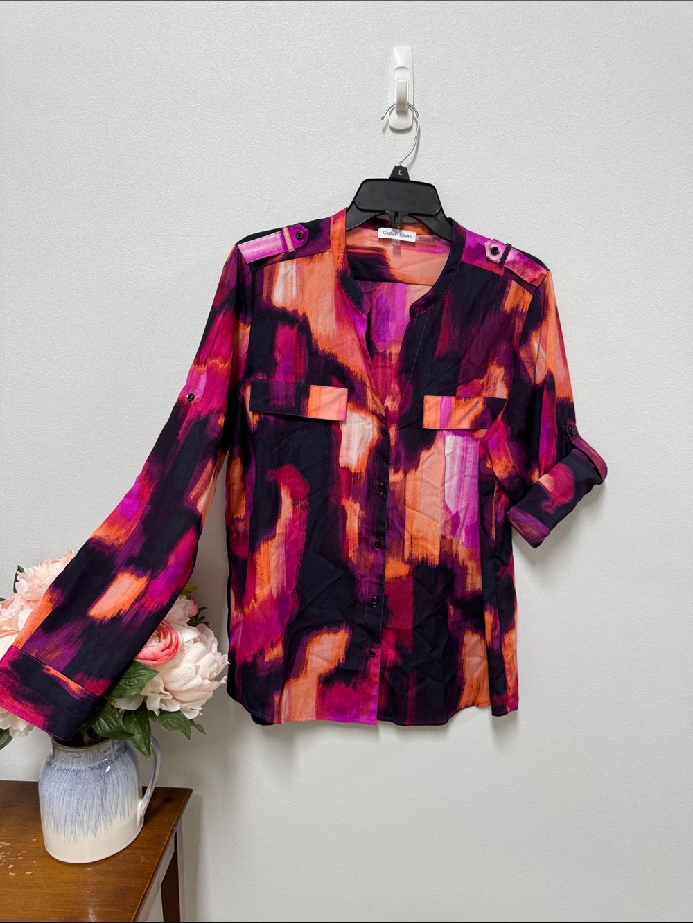 Calvin Klein Abstract-Print Button Front Blouse - Pink & Orange